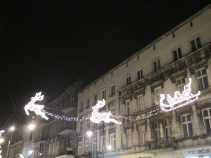 Pietrowska street in Lodz, still decorated for Christmas