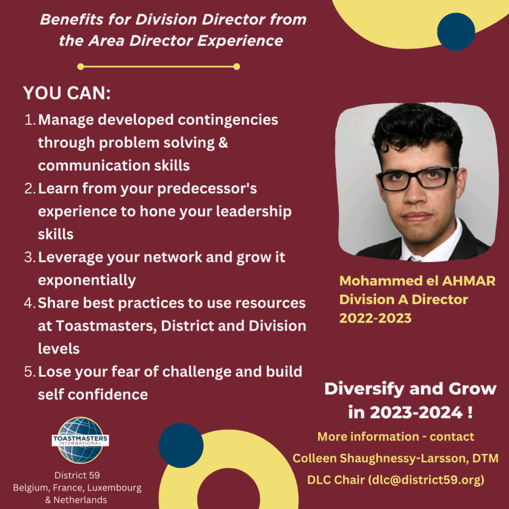 Benefits for Division Director from the Area Director Experience Toastmaster Mohammed el Ahmad Division A District 59